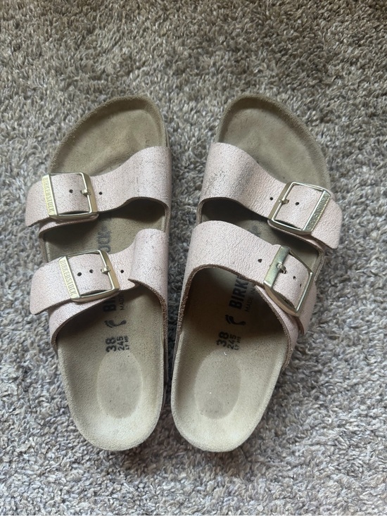 Birkenstock Shoes - Birkenstock Double Strap Sandals in Metallic Blush Pink